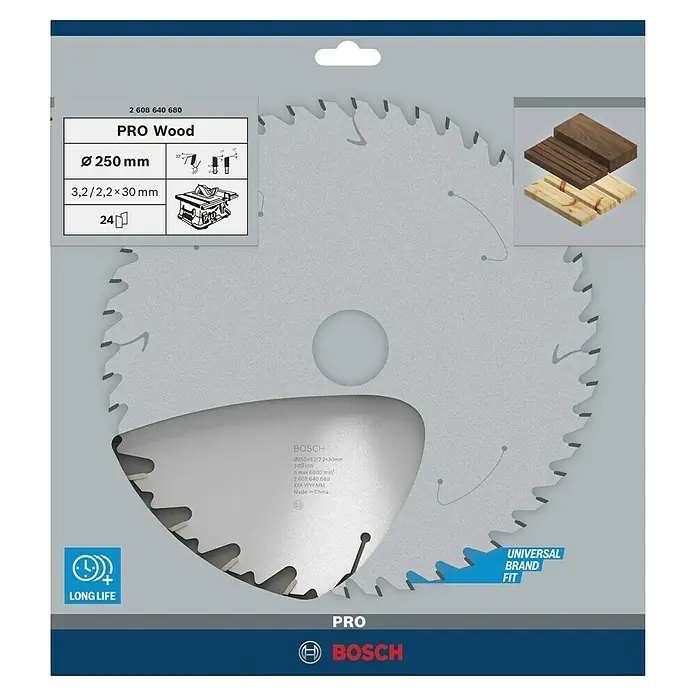 Bosch Kreissägeblatt Speedline for Wood - 250 mm, Bohrung: 30 mm, Anzahl Zähne: 24 Stk. - Bosch Kreissägeblatt Pro Wood mit Ø 250 mm, ideal für präzise Holzschnitte. Hohe Lebensdauer und universelle Passform für verschiedene Sägen.