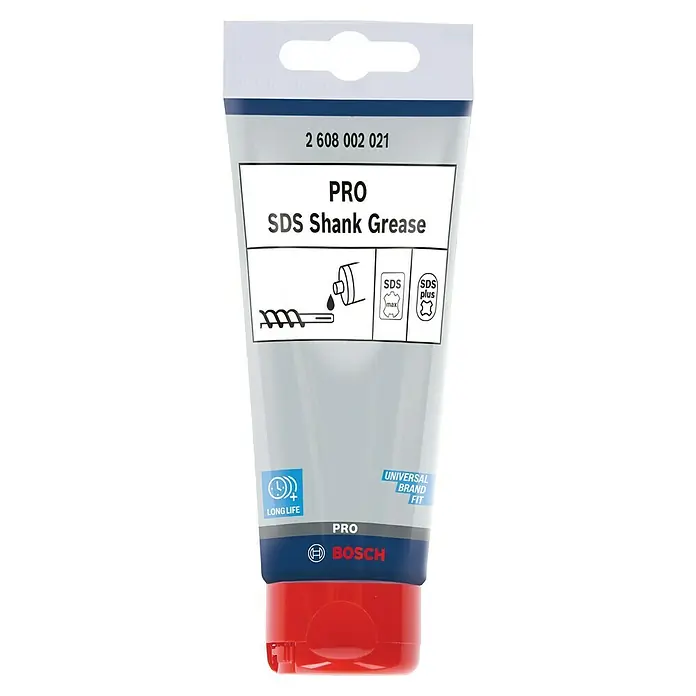 Bosch Bohrfett - 100 mg - Abbildung einer Tube Bosch PRO SDS-Schaftfett-Schmiermittel für Elektrowerkzeuge zur Reduzierung von Verschleiß und Reibung.