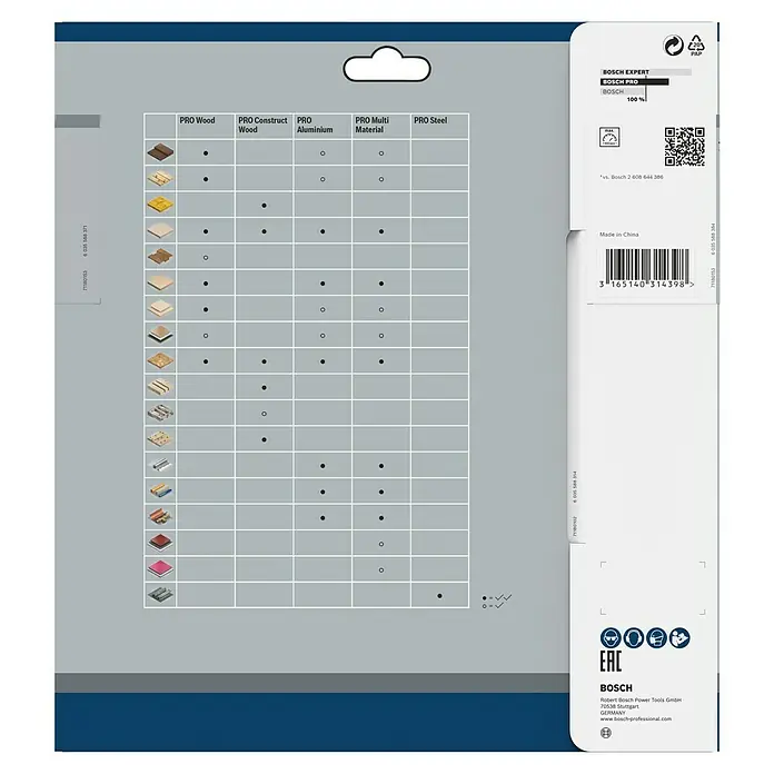Bosch Kreissägeblatt Optiline Wood - 210 mm, Bohrung: 30 mm, Anzahl Zähne: 30 Stk. - Eine Tabelle zeigt die Kompatibilität von Bosch-Sägeblättern mit verschiedenen Materialien wie Holz, Aluminium und Stahl, dargestellt auf einer Verpackung.