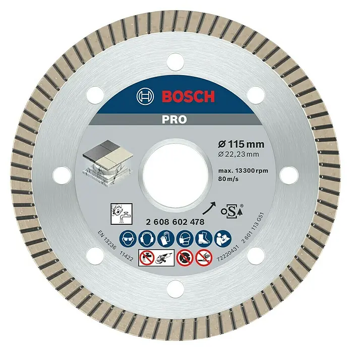 Bosch Diamant-Trennscheibe Best for Ceramic Extra Clean Turbo - Durchmesser: 115 mm, Bohrung: 22,23 mm, Geeignet für: Porzellan, 1 Stk. - Bosch Pro Diamanttrennscheibe, 115 mm Durchmesser, ideal zum Schneiden von Fliesen und Keramik mit hoher Präzision.