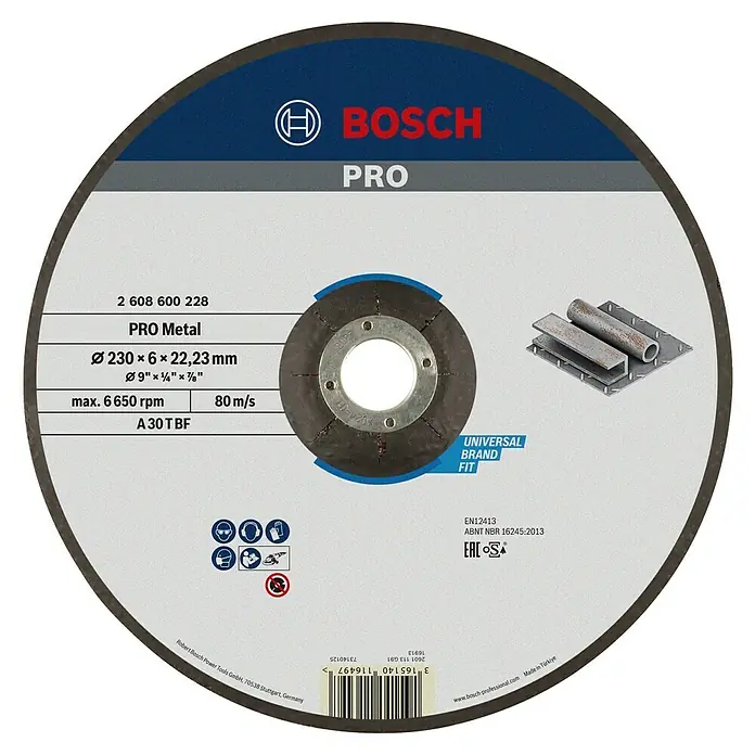 Bosch Schruppscheibe Expert for Metal A 30 T BF - Durchmesser: 230 mm, Stärke Scheibe: 6 mm, 1 Stk. - Abbildung einer Bosch Pro Metalltrennscheibe mit den Spezifikationen und Sicherheitsinformationen.