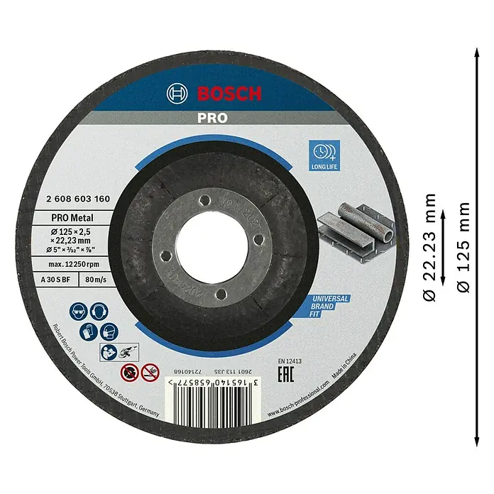 Bosch Trennscheibe A 30 S BF - Stärke Scheibe: 2,5 mm, Geeignet für: Stahl, Gekröpft - Bosch PRO Metal Trennscheibe, dunkelgrau mit silberner Mitte, 125mm Durchmesser, zum Metallschneiden.