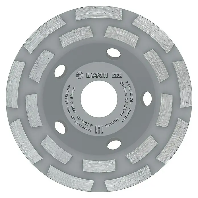 Bosch Expert Diamant-Topfscheibe for Concrete - Durchmesser Scheibe: 115 mm, Höhe Segment: 5 mm, Bohrung: 22,23 mm - Nahaufnahme einer Bosch Pro Betonschleifscheibe, ideal zum effizienten Bearbeiten von Betonoberflächen.