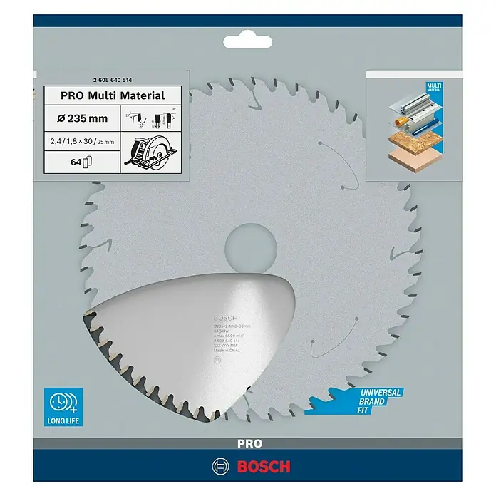 Bosch Kreissägeblatt - 235 mm, Bohrung: 30 mm, Anzahl Zähne: 64 Stk. - Bosch Kreissägeblatt "PRO Multi Material" mit 235 mm Durchmesser für vielseitige Anwendungen.