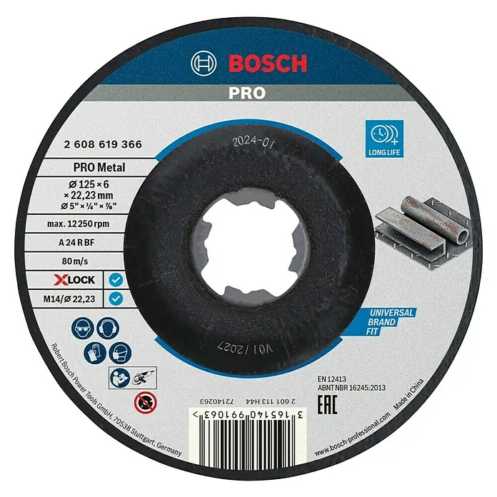Bosch Schruppscheibe X-Lock Expert for Metal A 30 T BF - Geeignet für: Metall, Durchmesser Scheibe: 125 mm, Stärke Scheibe: 6 mm - Das Bild zeigt eine Bosch Pro Trennscheibe für Metall mit X-Lock Aufnahme, ideal zum Schneiden von Metallwerkstoffen.
