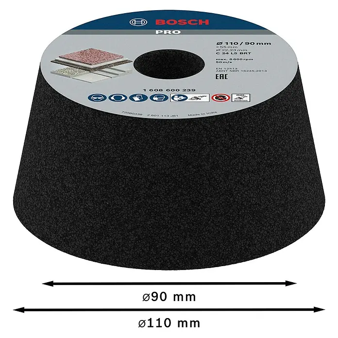 Bosch Schleiftopf - Geeignet für: Stein, Durchmesser: 110 mm, Körnung: 24, 1 Stk. - Eine schwarze, konische Bosch Schleifscheibe mit rauer Schleiffläche für den professionellen Einsatz.