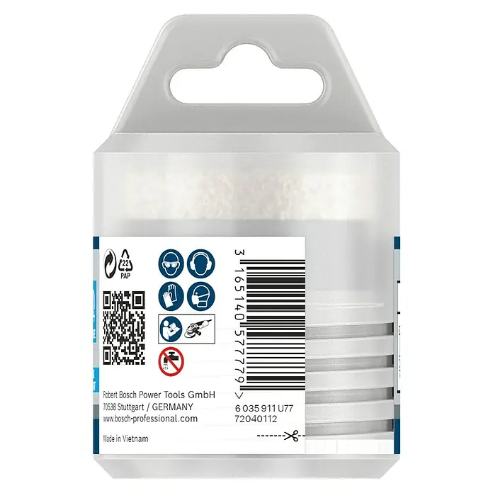 Bosch Diamant-Trockenbohrer Dry Speed - Durchmesser: 51 mm - Bild einer Bosch-Produktverpackung, die Informationen zu Sicherheitsvorkehrungen, Barcode und Herstellungsdetails enthält.