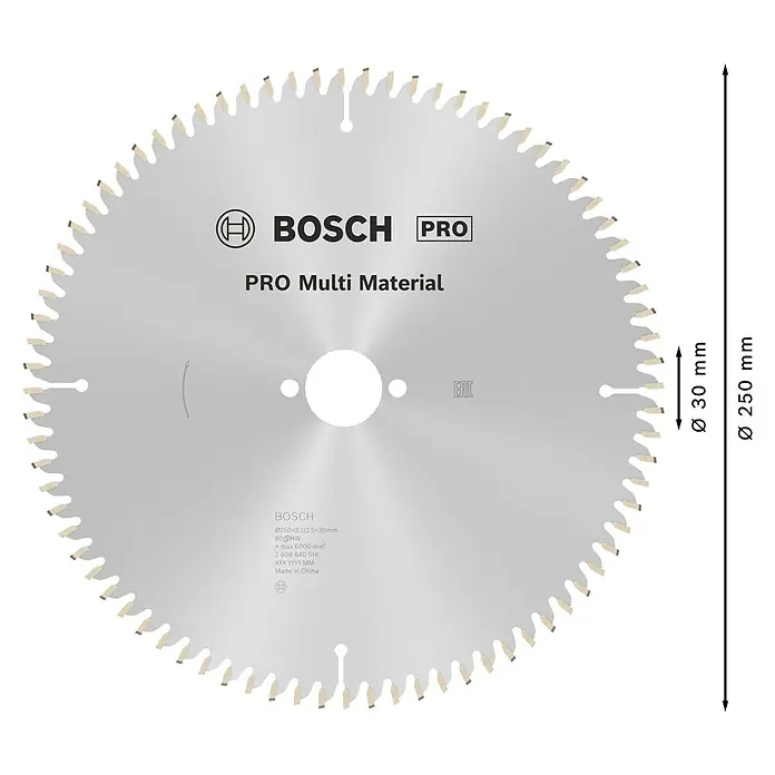 Bosch Kreissägeblatt Multimaterial - 250 mm, Bohrung: 30 mm, Anzahl Zähne: 80 Stk. - Bosch PRO Multi Material Kreissägeblatt, 250mm Durchmesser, 30mm Bohrung, 80 Zähne.