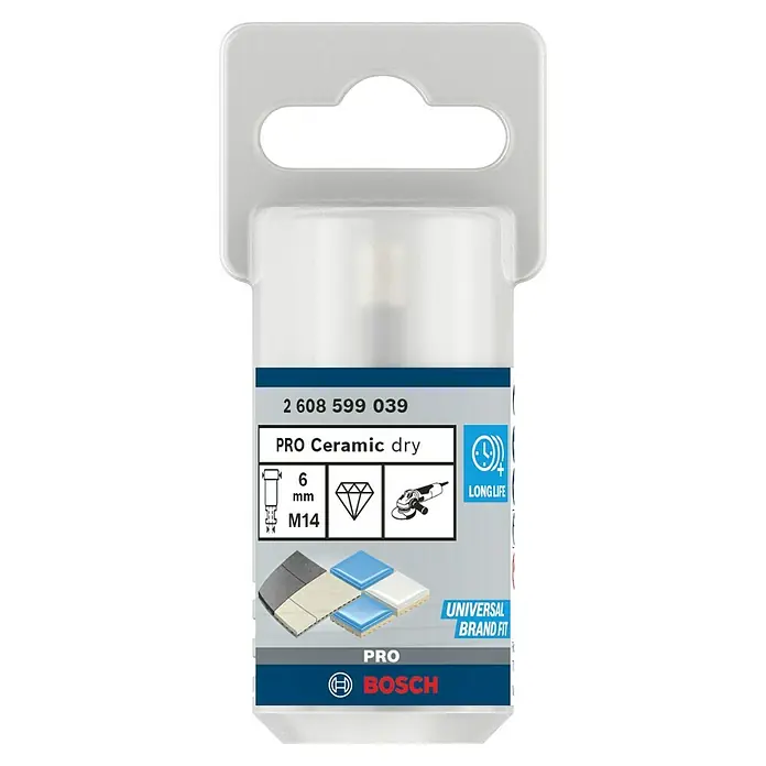 Bosch Diamant-Trockenbohrer Dry Speed - Durchmesser: 6 mm - Verpackung eines Bosch PRO Ceramic dry Fliesenbohrers mit Durchmesser 6 mm und M14-Gewinde, geeignet für den Trockenbau.