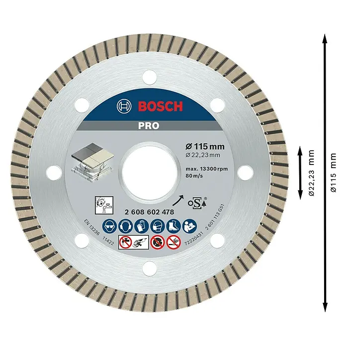 Bosch Diamant-Trennscheibe Best for Ceramic Extra Clean Turbo - Durchmesser: 115 mm, Bohrung: 22,23 mm, Geeignet für: Porzellan, 1 Stk. - Bosch Diamanttrennscheibe 115mm für Fliesen/Stein. Silberne Scheibe mit Segmenten, Produktinfos und Sicherheitspiktogrammen.