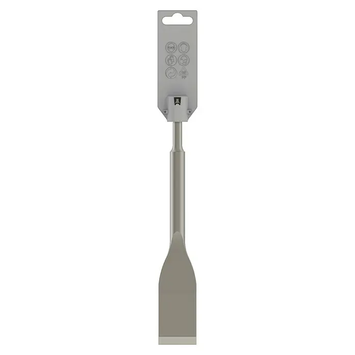 Bosch SDS-Plus-Fliesenmeißel Long Life - Länge: 260 mm, SDS Plus - Nahaufnahme eines Stechbeitels mit Kunststoffgriff und Anweisungen für den Arbeitsschutz.
