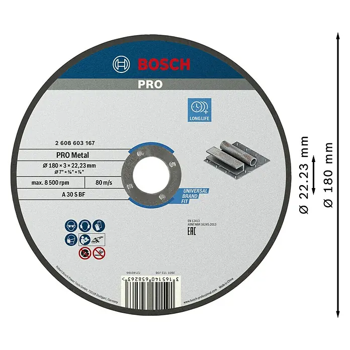 Bosch Professional Trennscheibe Standard for Metal - Durchmesser Scheibe: 180 mm, Stärke Scheibe: 3 mm - Bild einer Bosch Pro Trennscheibe, geeignet für Metallarbeiten, mit einer Größe von 180 mm Durchmesser und einer maximalen Drehzahl von 8.500 U/min.