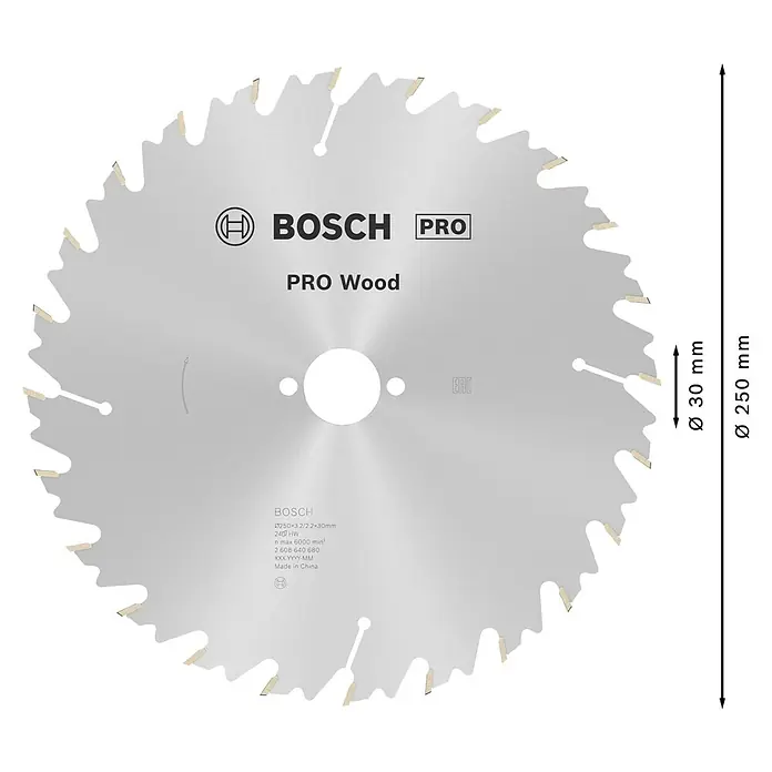 Bosch Kreissägeblatt Speedline for Wood - 250 mm, Bohrung: 30 mm, Anzahl Zähne: 24 Stk. - Metallisches Kreissägeblatt mit 24 Hartmetallzähnen für Holz, 250 mm Durchmesser, 30 mm Bohrung, max. 6000 U/min.