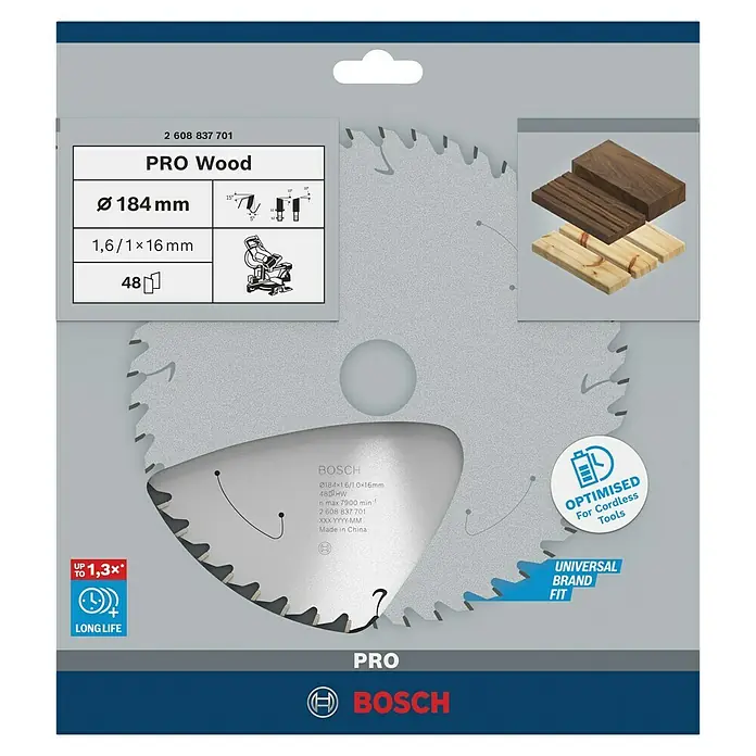 Bosch Kreissägeblatt Standard for Wood - 184 mm, Bohrung: 16 mm, Anzahl Zähne: 48 Stk. - Abbildung eines Bosch Pro Wood Sägeblatts mit 184 mm Durchmesser, geeignet für Akku-Werkzeuge und vielseitig einsetzbar.