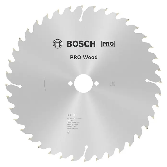 Bosch Kreissägeblatt Pro Wood - 254 mm, Bohrung: 30 mm, Anzahl Zähne: 30 Stk. - Das Bild zeigt ein silbernes Bosch Pro Kreissägeblatt für Holz mit gezahnten Kanten und der Aufschrift "Bosch Pro Wood".