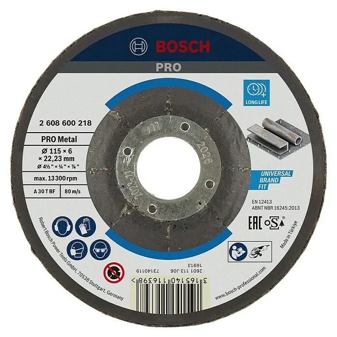 Bosch Schruppscheibe Expert for Metal A 30 T BF - Durchmesser: 115 mm, Stärke Scheibe: 6 mm, 1 Stk. - Abbildung einer Bosch Pro Metallscheibe, Durchmesser 115 mm, für den professionellen Einsatz mit einer maximalen Drehzahl von 13300 U/min.