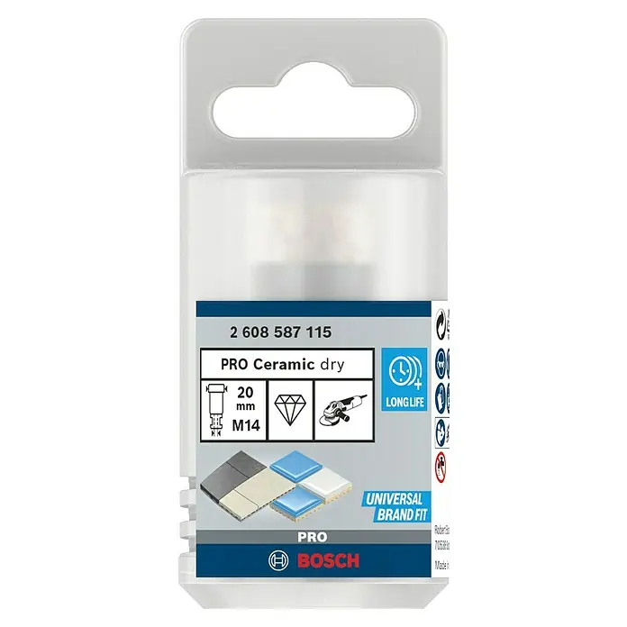 Bosch Diamant-Trockenbohrer Dry Speed - Durchmesser: 20 mm - Nahaufnahme der Bosch Pro Ceramic dry Fliesenbohrkrone in der Verkaufsverpackung, ideal für präzise Bohrungen in Keramik und Fliesen.