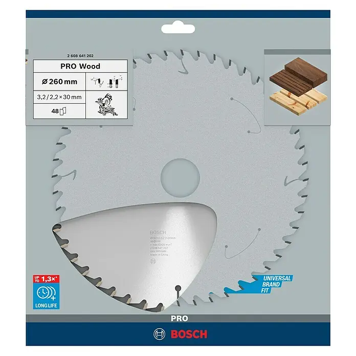 Bosch Kreissägeblatt Pro Wood - 260 mm, Bohrung: 30 mm, Anzahl Zähne: 48 Stk. - Abbildung eines Bosch Pro Wood Kreissägeblatts mit einem Durchmesser von 260 mm, geeignet für Holzarbeiten, mit 48 Zähnen für präzise Schnitte.