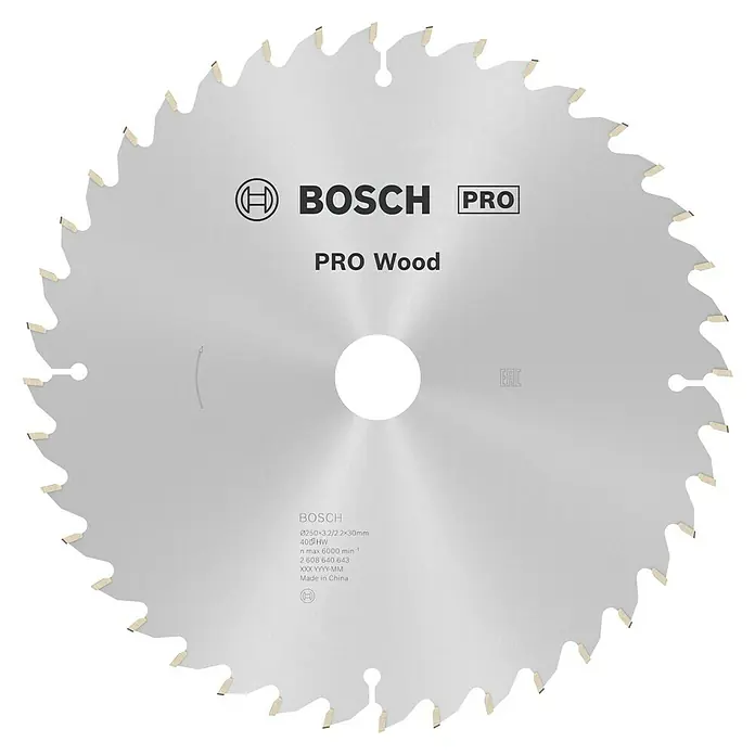 Bosch Kreissägeblatt Pro Wood - 250 mm, Bohrung: 30 mm, Anzahl Zähne: 40 Stk. - Abbildung eines Bosch Pro Wood Sägeblatts. Es ist silberfarben und hat umlaufend Zähne für Holzschnitte, ideal für Profis.