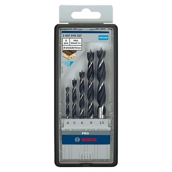 Bosch Bohrer-Set - Holz, 5 -tlg. - Das Bild zeigt ein Bosch Pro Wood Set mit 5 Präzisions-Holzbohrern in verschiedenen Größen (Ø 4/5/6/8/10 mm) in einer transparenten Verpackung.