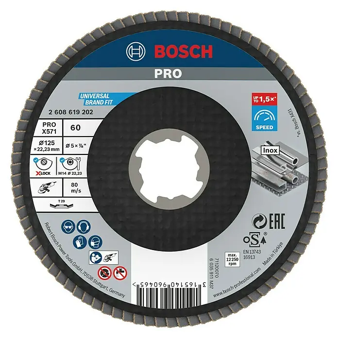 Bosch Trennscheibe Best for Metal X-Lock - Geeignet für: Metall, Durchmesser Scheibe: 125 mm, Körnung: 60, 1 Stk. - Bosch Professional X571 Fächerscheibe mit 125 mm Durchmesser, Körnung 60, für Metallbearbeitung mit X-Lock-System.