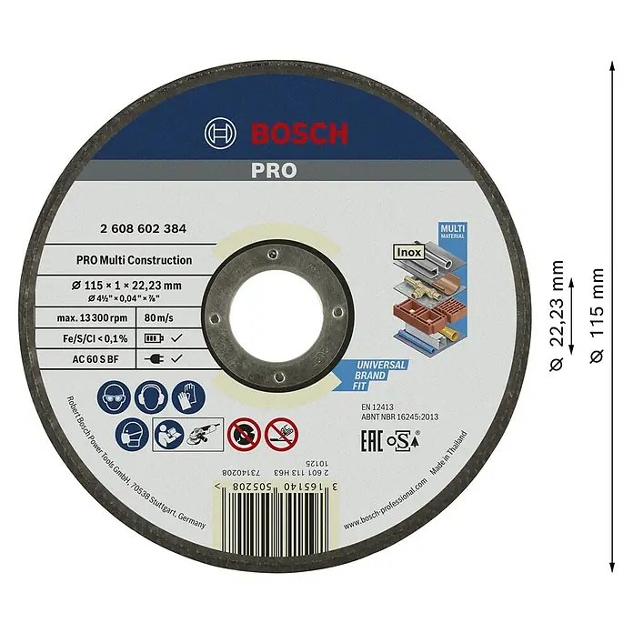 Bosch Trennscheibe Rapido Multi Construction - Durchmesser Scheibe: 115 mm, Geeignet für: Baustellenmaterialien - Bild einer Bosch Pro Trennscheibe mit den Maßen Ø115 x 1 x 22,23 mm, geeignet für verschiedene Materialien und maximale Leistung.