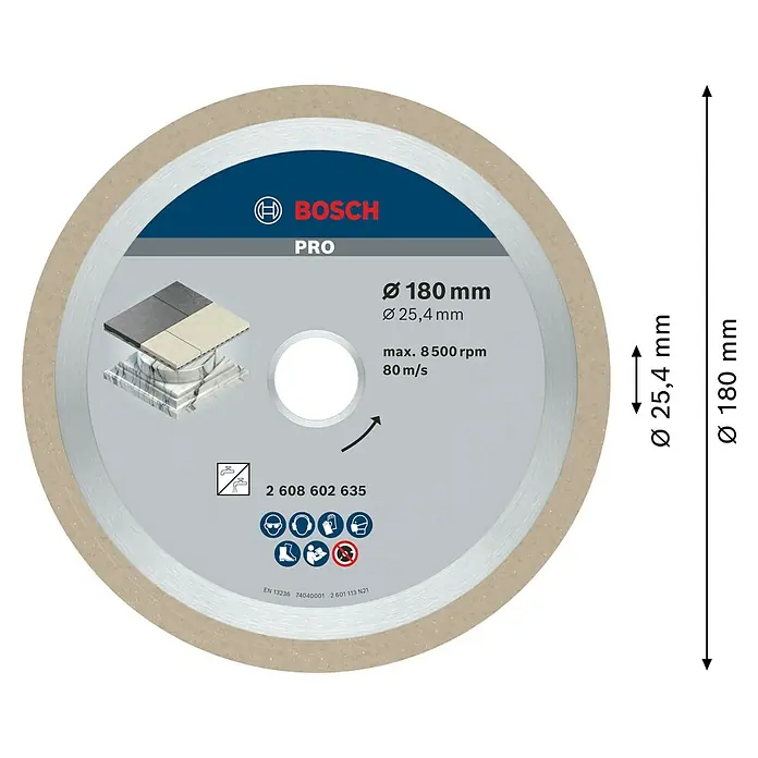 Bosch Diamant-Trennscheibe Best for Ceramic - Geeignet für: Fliesen, Durchmesser: 180 mm, Bohrung: 25,4 mm, 1 Stk. - Bosch PRO Diamanttrennscheibe, 180 mm, zum Nassschneiden von Fliesen und Stein, max. 8500 U/min.