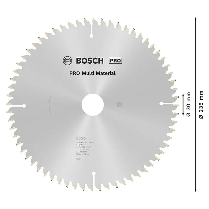 Bosch Kreissägeblatt - 235 mm, Bohrung: 30 mm, Anzahl Zähne: 64 Stk. - Silber-graues Bosch PRO Multi Material Kreissägeblatt, 235mm Durchmesser, 30mm Bohrung, mit scharfen Zähnen.