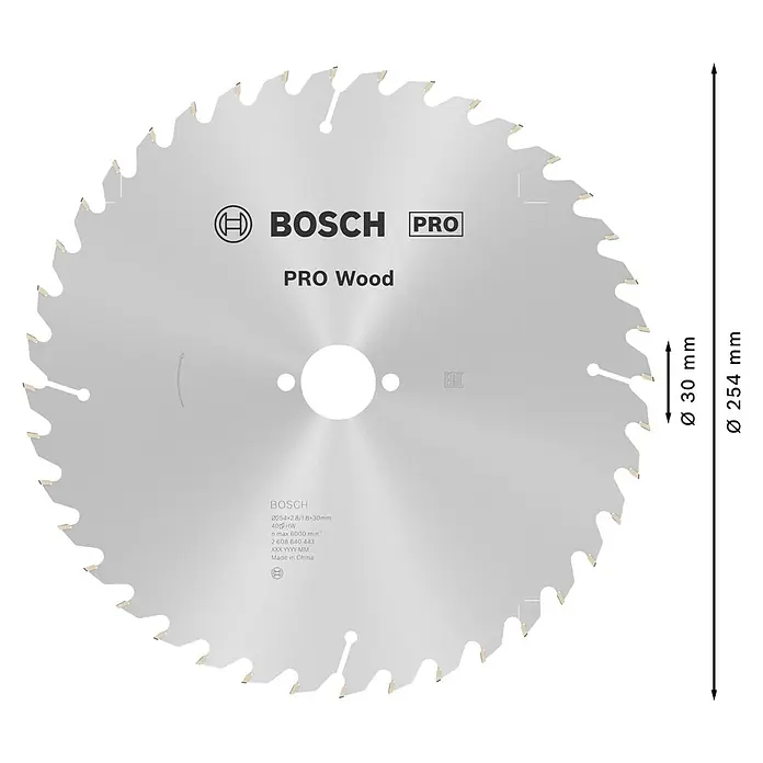Bosch Kreissägeblatt Pro Wood - 254 mm, Bohrung: 30 mm, Anzahl Zähne: 40 Stk. - Bosch PRO Wood Kreissägeblatt, metallisch mit Hartmetallzähnen, 254 mm Durchmesser, 30 mm Bohrung.