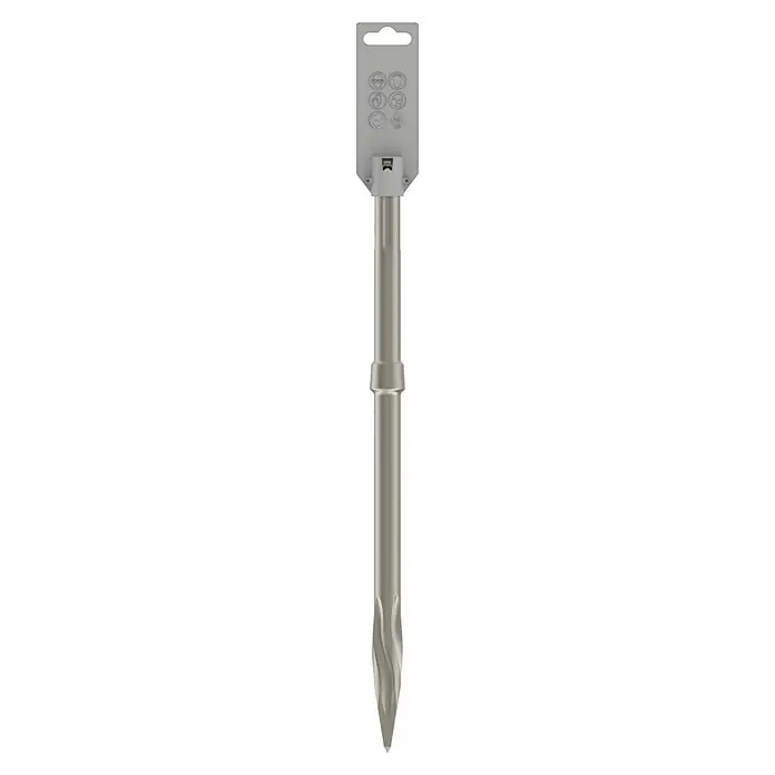Bosch Spitzmeißel R-Tec Speed - Länge: 400 mm, SDS Max - Bild eines Fräsbohrers in einer Verkaufsverpackung. Das Werkzeug ist silberfarben und für Bohrarbeiten verschiedener Art geeignet.