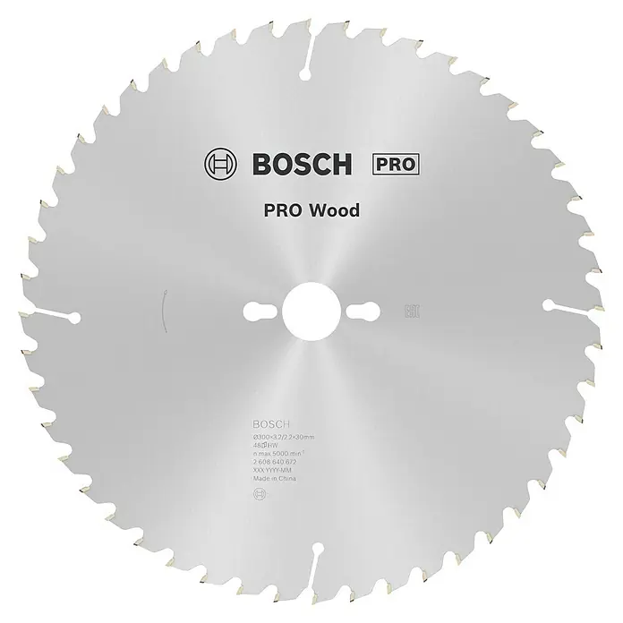 Bosch Kreissägeblatt Pro Wood - 300 mm, Bohrung: 30 mm, Anzahl Zähne: 48 Stk. - Nahaufnahme eines Bosch PRO Wood Sägeblatts, ideal zum Holzsägen. Präzise und langlebig für professionelle Ergebnisse.