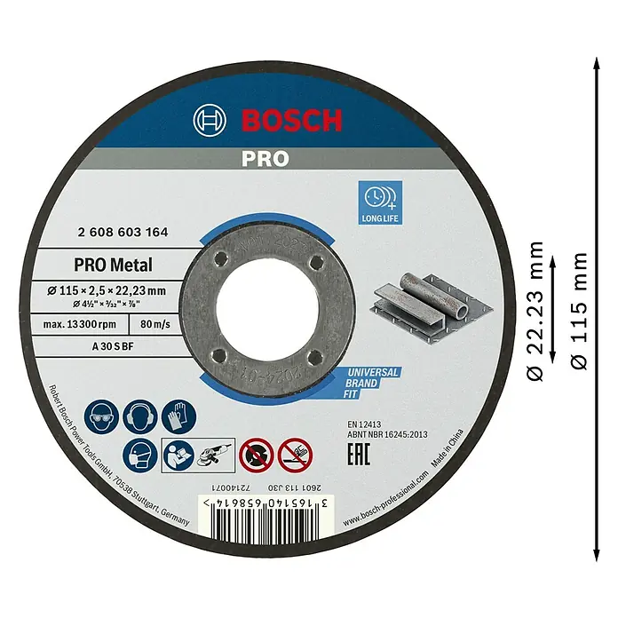 Bosch Professional Trennscheibe Standard for Metal - Durchmesser Scheibe: 115 mm, Stärke Scheibe: 2,5 mm - Graue Bosch PRO Metall-Trennscheibe, Ø115x2.5x22.23mm, zum Metallschneiden. Mit Long Life und Universal Brand Fit.