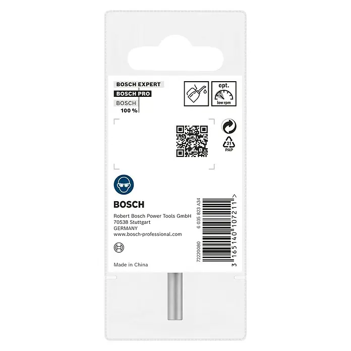 Bosch Kegelsenker - Durchmesser Bohrer: 10,4 mm, Rundschaft - Verpackung einer Bosch Pro Bohrer-Bit-Packung mit dem Hinweis, dass er für niedrige Drehzahlen optimiert ist und in China hergestellt wurde.