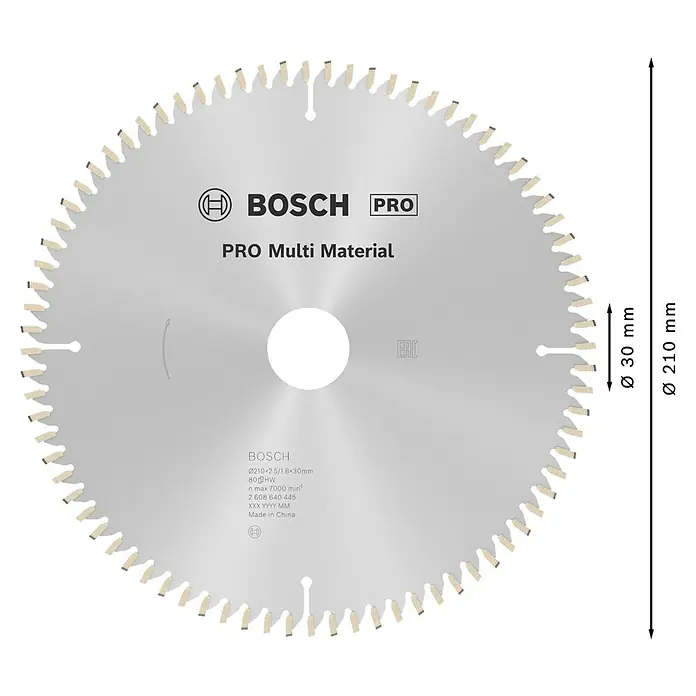Bosch Kreissägeblatt Multi Material - 210 mm, Bohrung: 30 mm, Anzahl Zähne: 80 Stk. - Silbernes Bosch Kreissägeblatt mit vielen Zähnen für Multimaterial, 210mm Durchmesser.