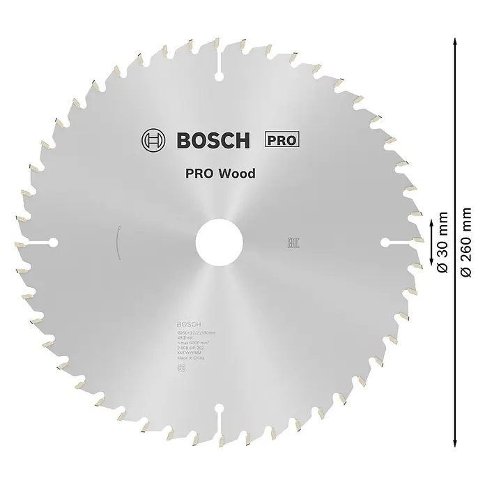 Bosch Kreissägeblatt Pro Wood - 260 mm, Bohrung: 30 mm, Anzahl Zähne: 48 Stk. - Bosch Pro Wood Kreissägeblatt, 260mm Durchmesser, 30mm Bohrung, 48 Zähne, zum Holzschneiden.