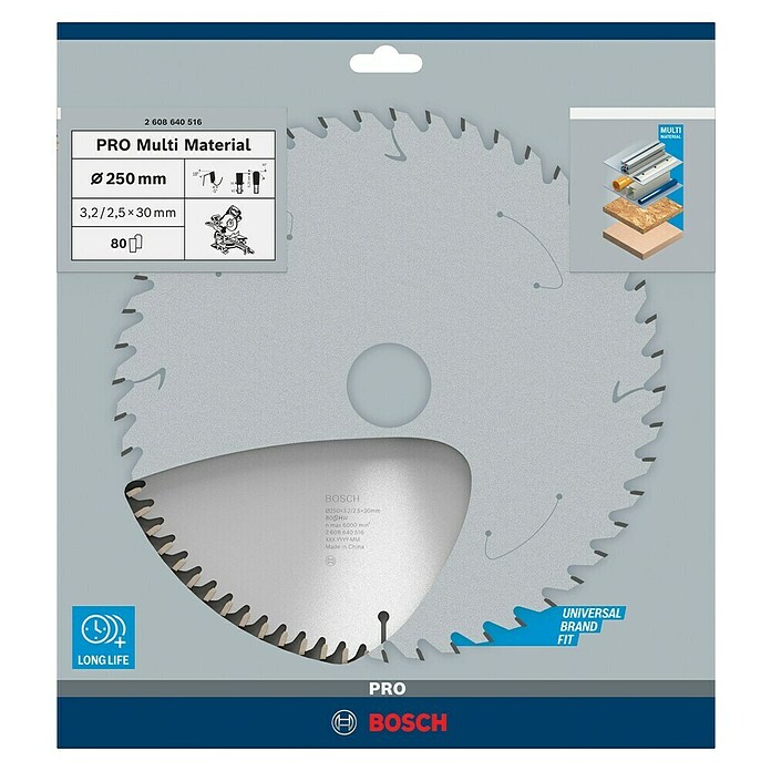 Bosch Kreissägeblatt Multimaterial (250 mm, Bohrung: 30 mm, Anzahl Zähne: 80 Stk.) | BAUHAUS