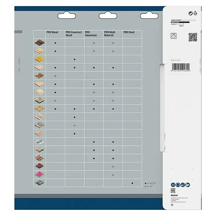 Bosch Kreissägeblatt Pro Wood - 300 mm, Bohrung: 30 mm, Anzahl Zähne: 48 Stk. - Abbildung einer Bosch Sägeblattverpackung, die verschiedene Materialien und Schnittarten für professionelle Anwendungen zeigt.