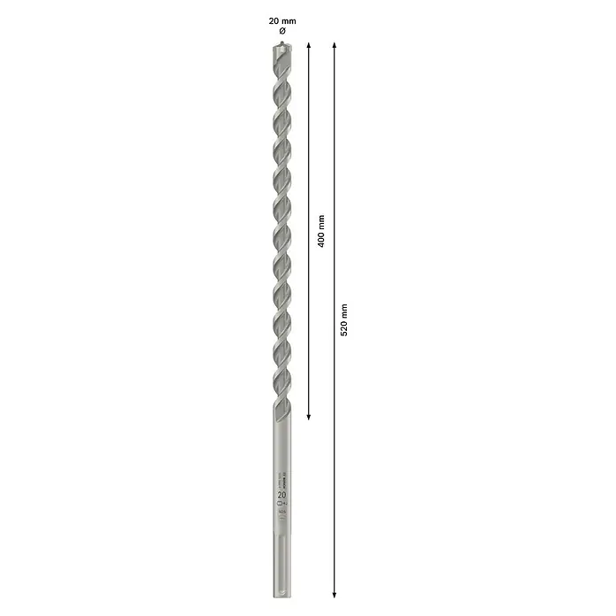 Bosch Beton- & Steinbohrer MAX-4 - 1 Stk., Durchmesser Bohrer: 20 mm - Bosch SDS max-4 Hammerbohrer, 20mm Durchmesser, 400mm Arbeitslänge, 520mm Gesamtlänge, silberfarbenes Metall.