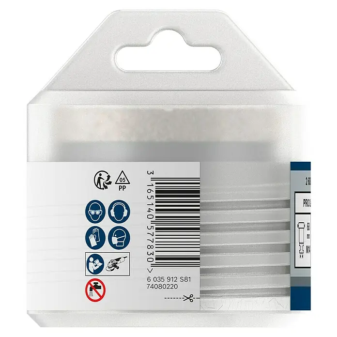 Bosch Diamant-Trockenbohrer Dry Speed - Durchmesser: 68 mm - Verpackung mit Sicherheits- und Recyclinghinweisen des Bosch Diamanttrennscheiben-Sets mit EAN-Code, Artikelnummer und Trennsymbol.
