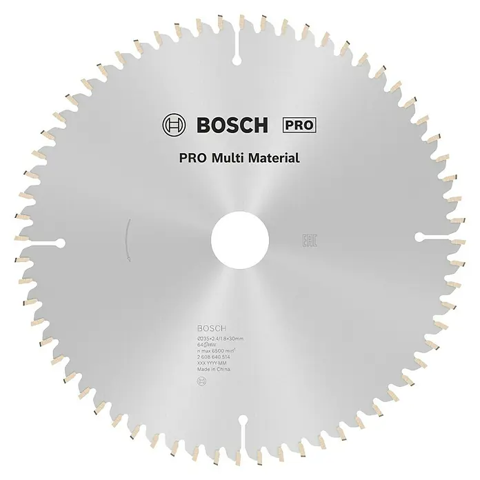 Bosch Kreissägeblatt - 235 mm, Bohrung: 30 mm, Anzahl Zähne: 64 Stk. - Nahaufnahme eines Bosch Pro Multi Material Sägeblattes, ideal zum Schneiden verschiedener Materialien.