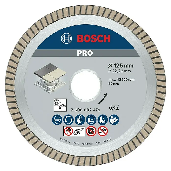 Bosch Diamant-Trennscheibe Best for Ceramic Extra Clean Turbo - Durchmesser: 125 mm, Bohrung: 22,23 mm, Geeignet für: Porzellan, 1 Stk. - Bosch Pro Diamanttrennscheibe mit 125 mm Durchmesser zum Schneiden von Fliesen und Keramik.