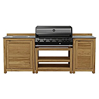 Kingstone Outdoorküche Cliff 6005/Zoe IV (4 -tlg., Teakholz/Stahl/Keramik, Schwarz/Braun, Material Grillfläche: Gusseisen, Anzahl Brenner: 6)