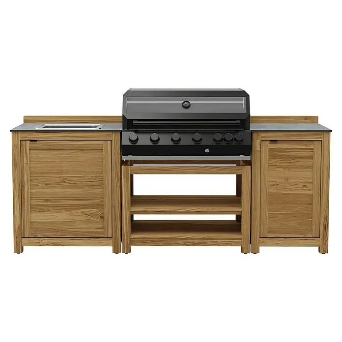 Kingstone Outdoorküche Cliff 6005/Zoe IV - 4 -tlg., Teakholz/Stahl/Keramik, Schwarz/Braun, Material Grillfläche: Gusseisen, Anzahl Brenner: 6 - Darstellung eines stilvollen Outdoor-Grills mit Spüle und Stauraum. Das Holzkabinett verleiht eine rustikale Note.