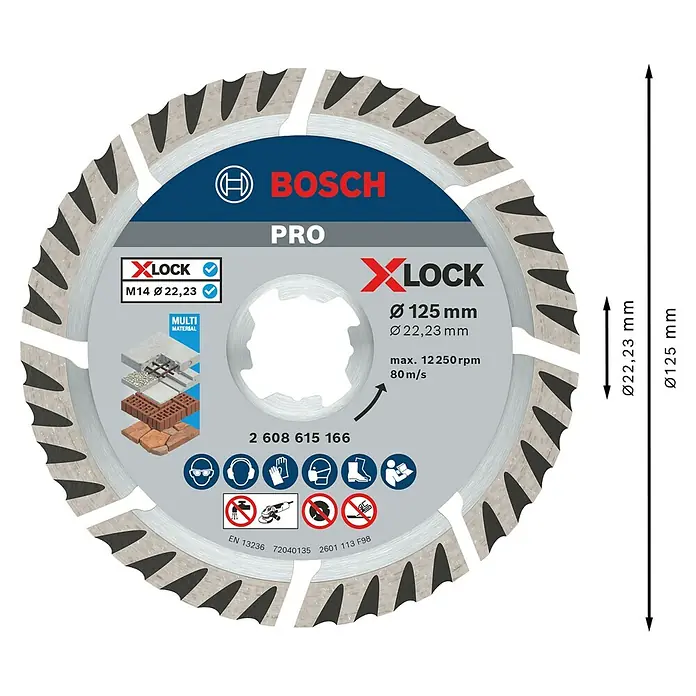 Bosch Professional X-Lock Diamant-Trennscheibe Standard for Universal - 125 mm, Geeignet für: Beton - Bosch X-LOCK PRO Diamanttrennscheibe, 125mm Durchmesser, für Multimaterialanwendungen. Graue Scheibe mit schwarzen Segmenten und blau/weißem Etikett.