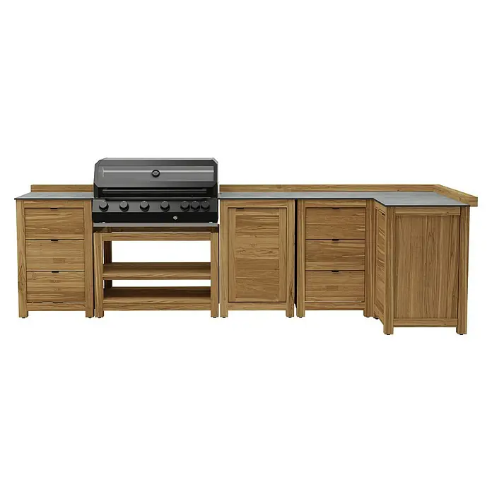 Kingstone Outdoorküche Cliff 6005/Zoe I - 5 -tlg., Teakholz/Stahl/Keramik, Schwarz/Braun, Material Grillfläche: Gusseisen, Anzahl Brenner: 6 - Moderne Outdoor-Küche mit Grill und Unterschränken aus Holz, ideal für stilvolles Kochen im Freien und gesellige Momente mit Freunden.