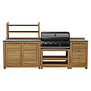 Kingstone Outdoorküche Cliff 6005/Zoe III (5 -tlg., Teakholz/Stahl/Keramik, Schwarz/Braun, Material Grillfläche: Gusseisen, Anzahl Brenner: 6)