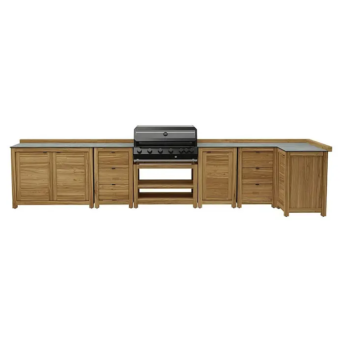 Kingstone Outdoorküche Cliff 6005/Zoe - 6 -tlg., Teakholz/Stahl/Keramik, Schwarz/Braun, Material Grillfläche: Gusseisen, Anzahl Brenner: 6 - Grillküche mit Holzschränken und Edelstahl-Grill. Ideal für den Außenbereich mit viel Stauraum und Arbeitsfläche für Grillmeister.