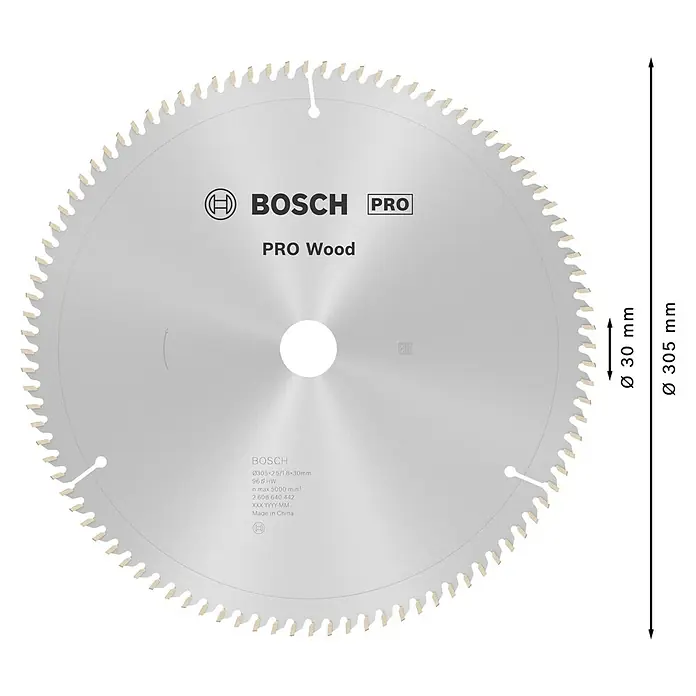 Bosch Kreissägeblatt Pro Wood - 305 mm, Bohrung: 30 mm, Anzahl Zähne: 96 Stk. - Ein silbernes Bosch Pro Wood Kreissägeblatt mit 96 Zähnen und 305mm Durchmesser zum Holzschneiden.