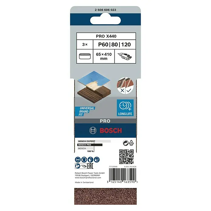 Bosch Schleifband-Set X440 Best for Wood and Paint - 65 x 410 mm, Körnung: 60 - 100, 3 Stk. - Bild einer Bosch Schleifpapier-Packung PRO X440, Körnung P60/80/120, Abmessungen 65x410 mm, für professionelle Schleifarbeiten.
