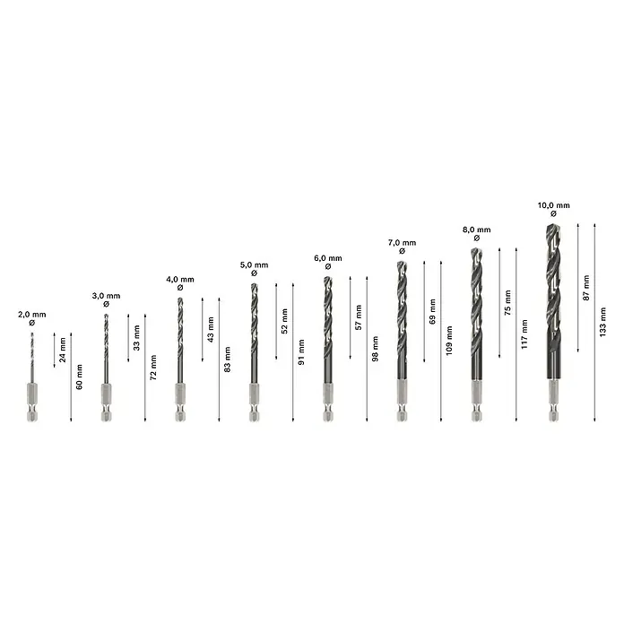 Bosch Metallbohrer Impact Control HSS - 8 Stk., Durchmesser Bohrer: 10 mm - Ein Satz metallischer Bohrer mit Sechskantschaft, im Durchmesser von 2,0 mm bis 10,0 mm, mit ihren jeweiligen Längen.
